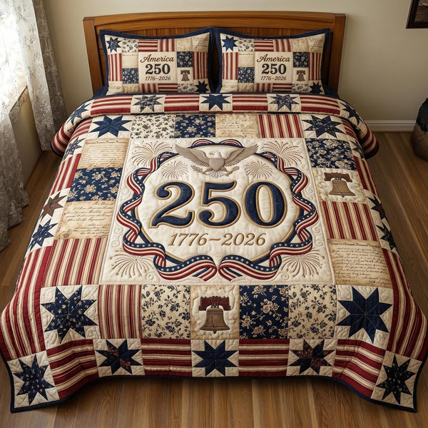 Heritage Patch quilted 3-piece bedding set on a made bed in a farmhouse bedroom