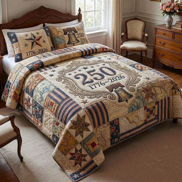 Heritage Patch quilted 3-piece bedding set on a made bed in a farmhouse bedroom