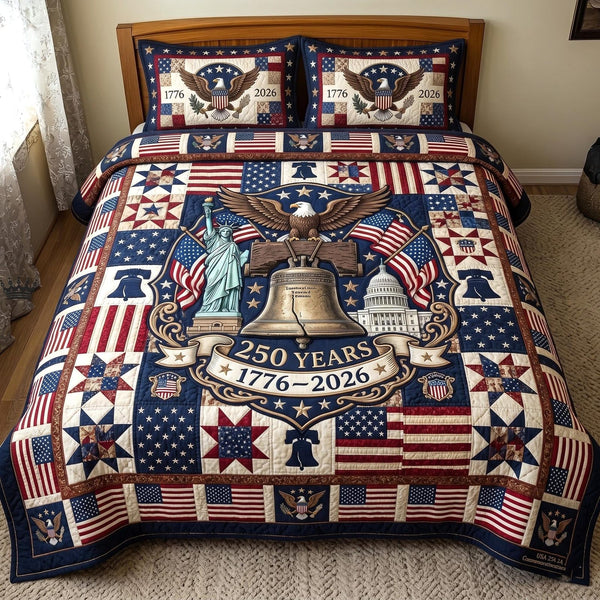 Heritage Patch quilted 3-piece bedding set on a made bed in a farmhouse bedroom