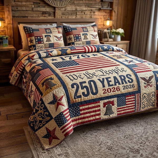 Heritage Patch quilted 3-piece bedding set on a made bed in a farmhouse bedroom