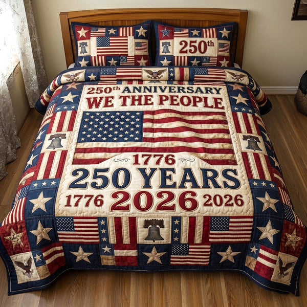 Heritage Patch quilted 3-piece bedding set on a made bed in a farmhouse bedroom