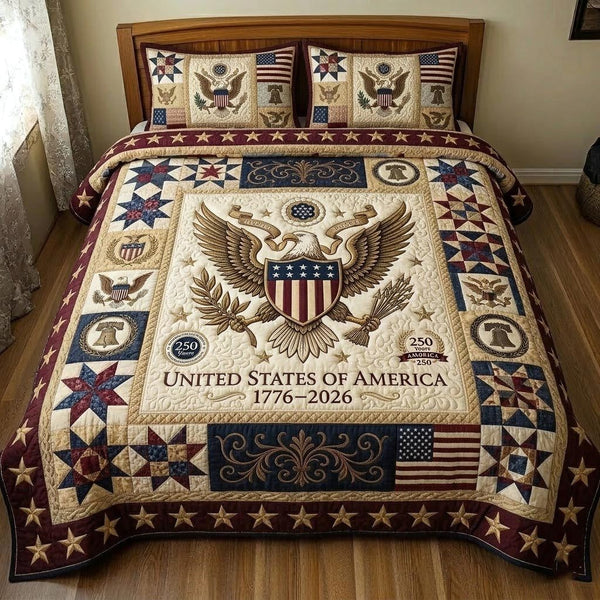Heritage Patch quilted 3-piece bedding set on a made bed in a farmhouse bedroom