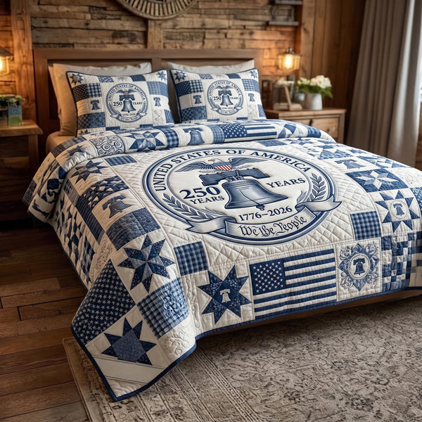 Heritage Patch quilted 3-piece bedding set on a made bed in a farmhouse bedroom