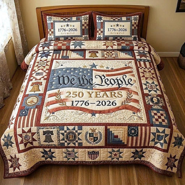 Heritage Patch quilted 3-piece bedding set on a made bed in a farmhouse bedroom
