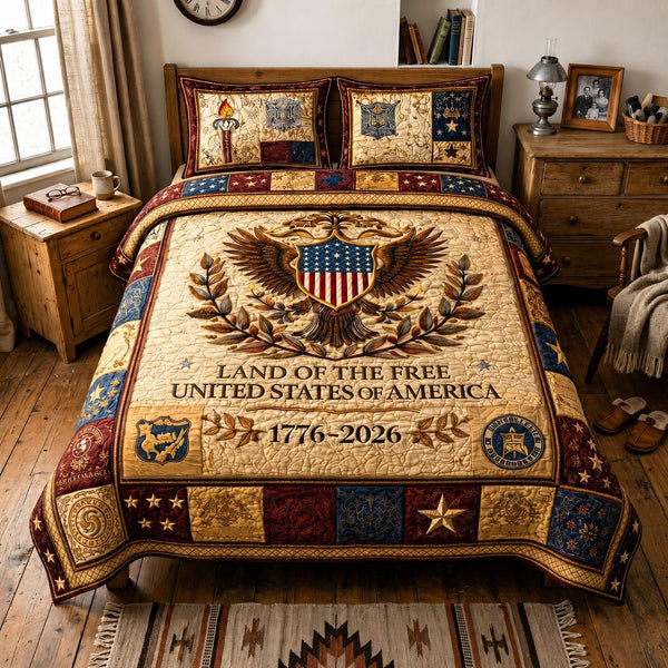 Heritage Patch quilted 3-piece bedding set on a made bed in a farmhouse bedroom