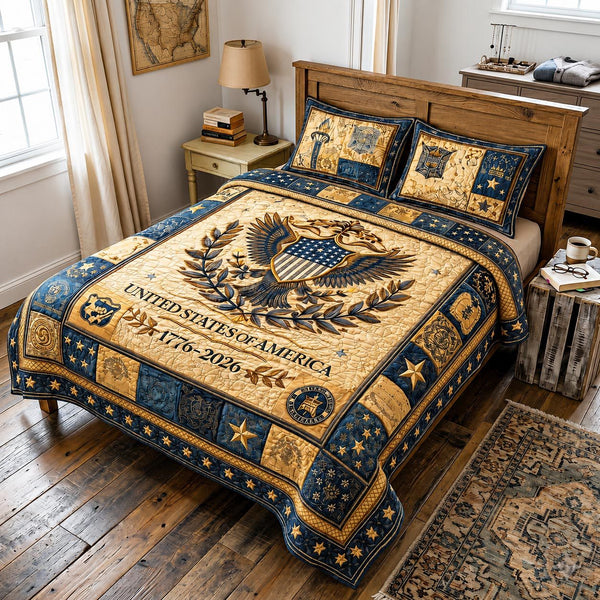 Heritage Patch quilted 3-piece bedding set on a made bed in a farmhouse bedroom