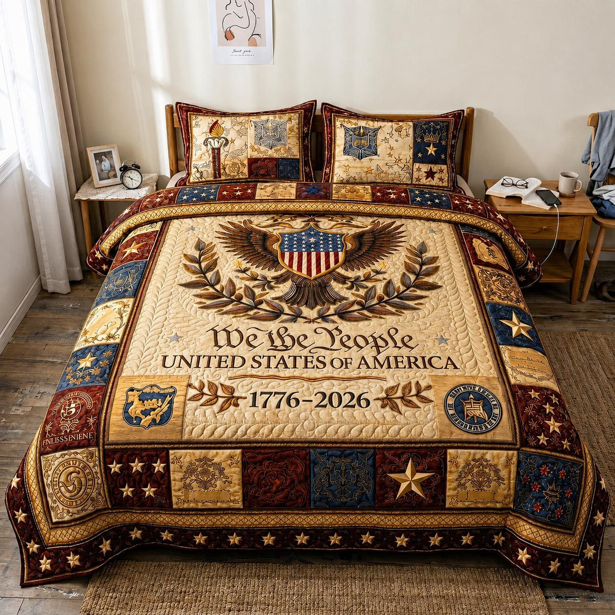 Heritage Patch quilted 3-piece bedding set on a made bed in a farmhouse bedroom
