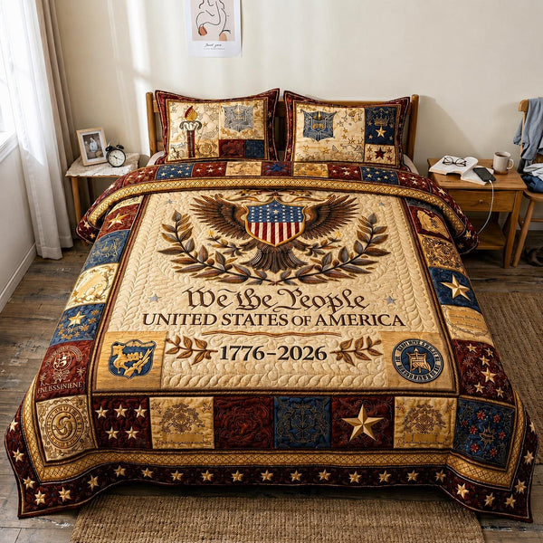Heritage Patch quilted 3-piece bedding set on a made bed in a farmhouse bedroom