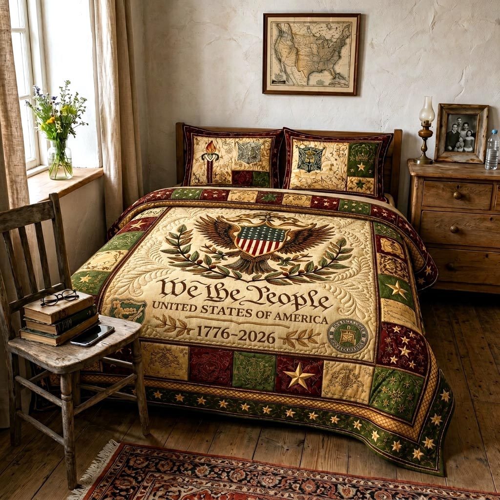Heritage Patch quilted 3-piece bedding set on a made bed in a farmhouse bedroom