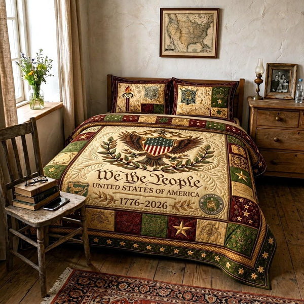 Heritage Patch quilted 3-piece bedding set on a made bed in a farmhouse bedroom