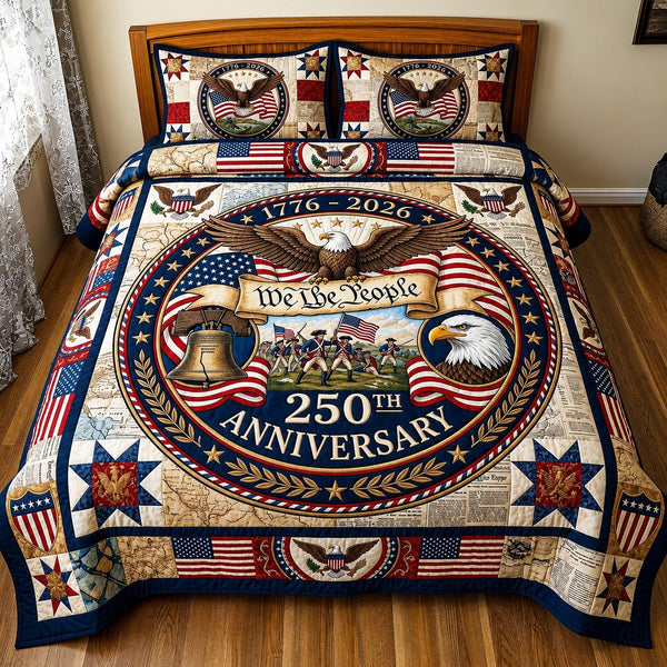 Heritage Patch quilted 3-piece bedding set on a made bed in a farmhouse bedroom