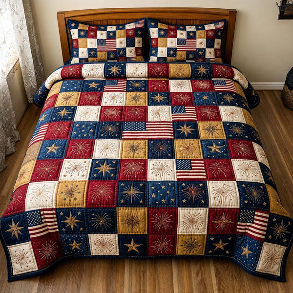 Heritage Patch quilted 3-piece bedding set on a made bed in a farmhouse bedroom