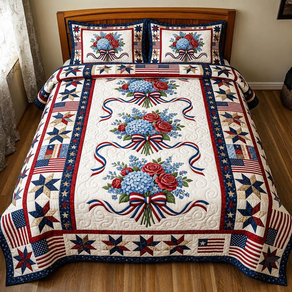 Heritage Patch quilted 3-piece bedding set on a made bed in a farmhouse bedroom