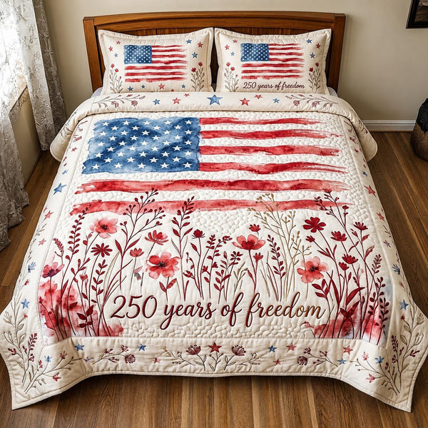 Heritage Patch quilted 3-piece bedding set on a made bed in a farmhouse bedroom