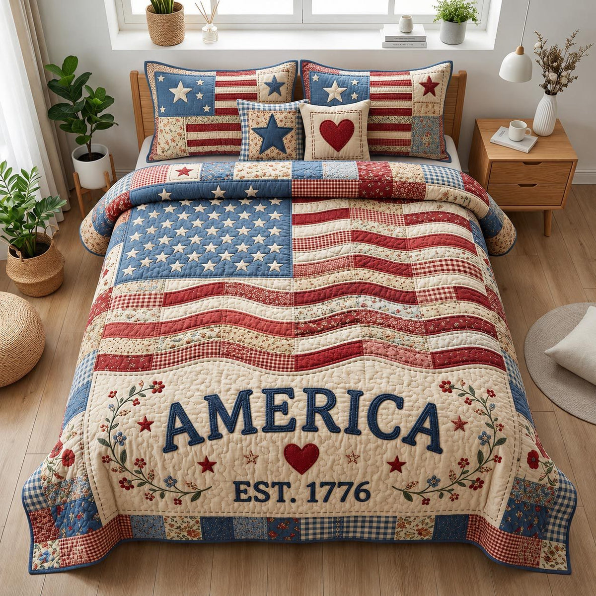 Heritage Patch quilted 3-piece bedding set on a made bed in a farmhouse bedroom