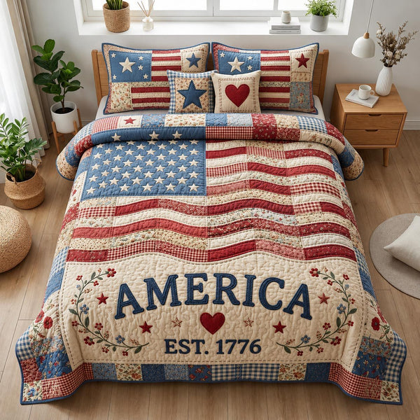 Heritage Patch quilted 3-piece bedding set on a made bed in a farmhouse bedroom