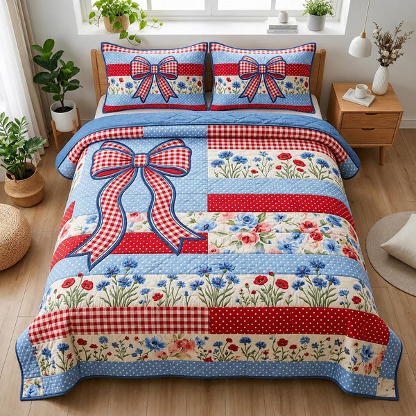 Heritage Patch quilted 3-piece bedding set on a made bed in a farmhouse bedroom