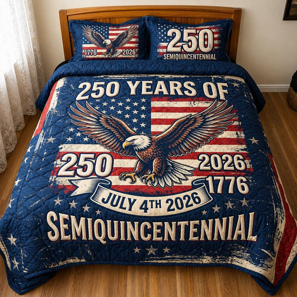 Heritage Patch quilted 3-piece bedding set on a made bed in a farmhouse bedroom