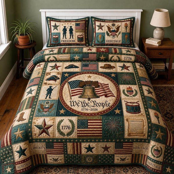 Heritage Patch quilted 3-piece bedding set on a made bed in a farmhouse bedroom