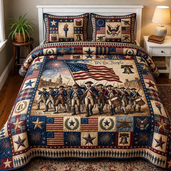 Heritage Patch quilted 3-piece bedding set on a made bed in a farmhouse bedroom