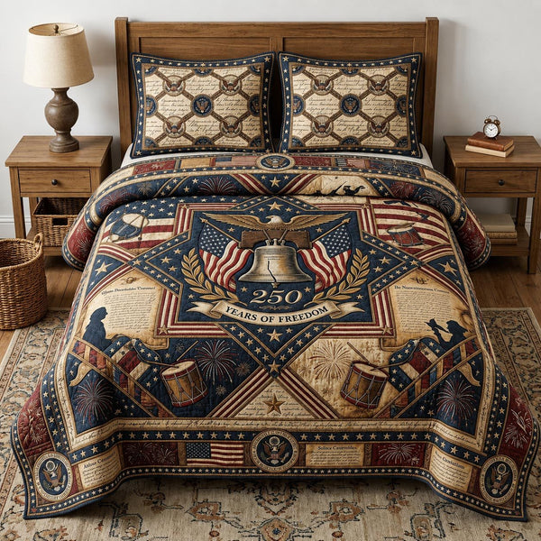Heritage Patch quilted 3-piece bedding set on a made bed in a farmhouse bedroom
