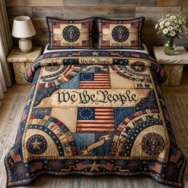 Heritage Patch quilted 3-piece bedding set on a made bed in a farmhouse bedroom