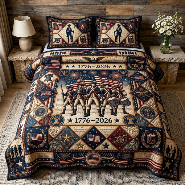 Heritage Patch quilted 3-piece bedding set on a made bed in a farmhouse bedroom