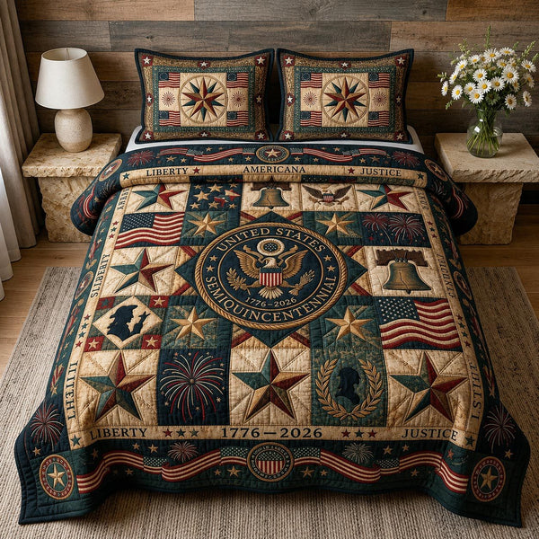 Heritage Patch quilted 3-piece bedding set on a made bed in a farmhouse bedroom