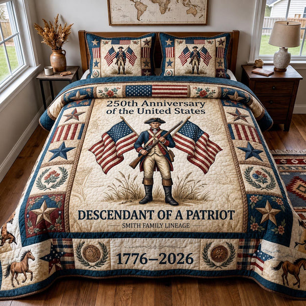 Heritage Patch quilted 3-piece bedding set on a made bed in a farmhouse bedroom