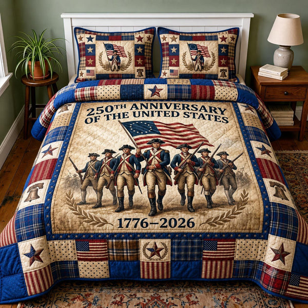 Heritage Patch quilted 3-piece bedding set on a made bed in a farmhouse bedroom