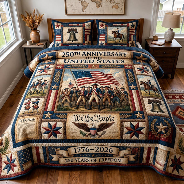 Heritage Patch quilted 3-piece bedding set on a made bed in a farmhouse bedroom