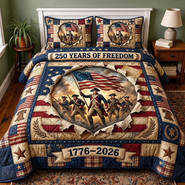 Heritage Patch quilted 3-piece bedding set on a made bed in a farmhouse bedroom
