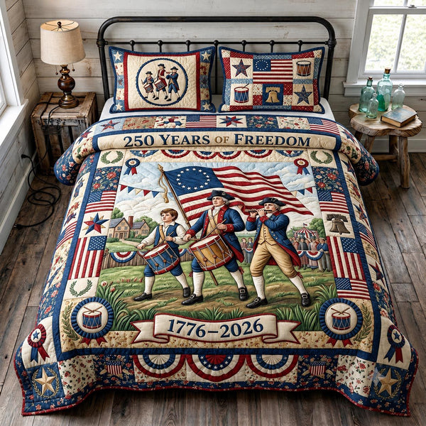 Heritage Patch quilted 3-piece bedding set on a made bed in a farmhouse bedroom