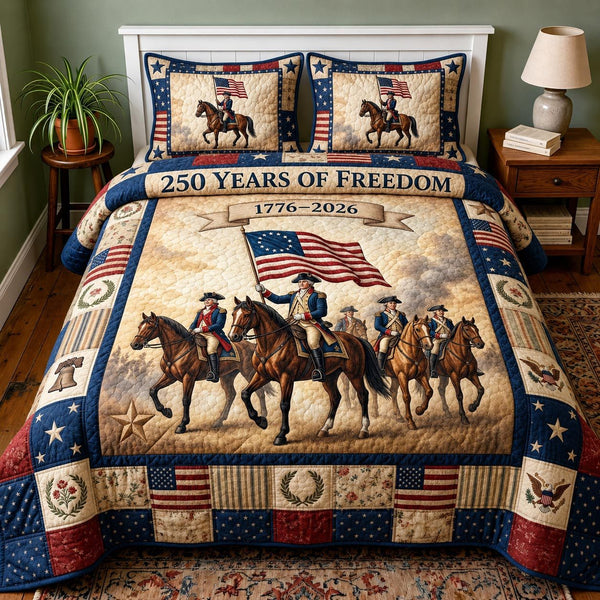 Heritage Patch quilted 3-piece bedding set on a made bed in a farmhouse bedroom