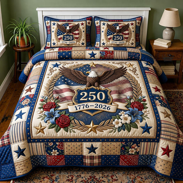 Heritage Patch quilted 3-piece bedding set on a made bed in a farmhouse bedroom