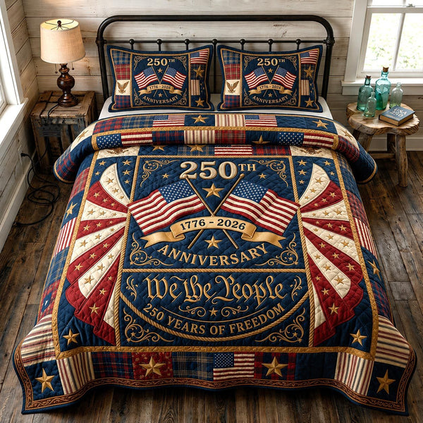 Heritage Patch quilted 3-piece bedding set on a made bed in a farmhouse bedroom