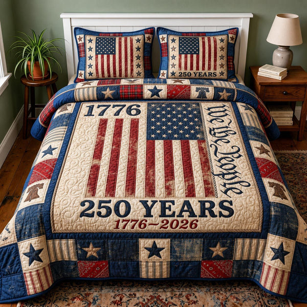 Heritage Patch quilted 3-piece bedding set on a made bed in a farmhouse bedroom