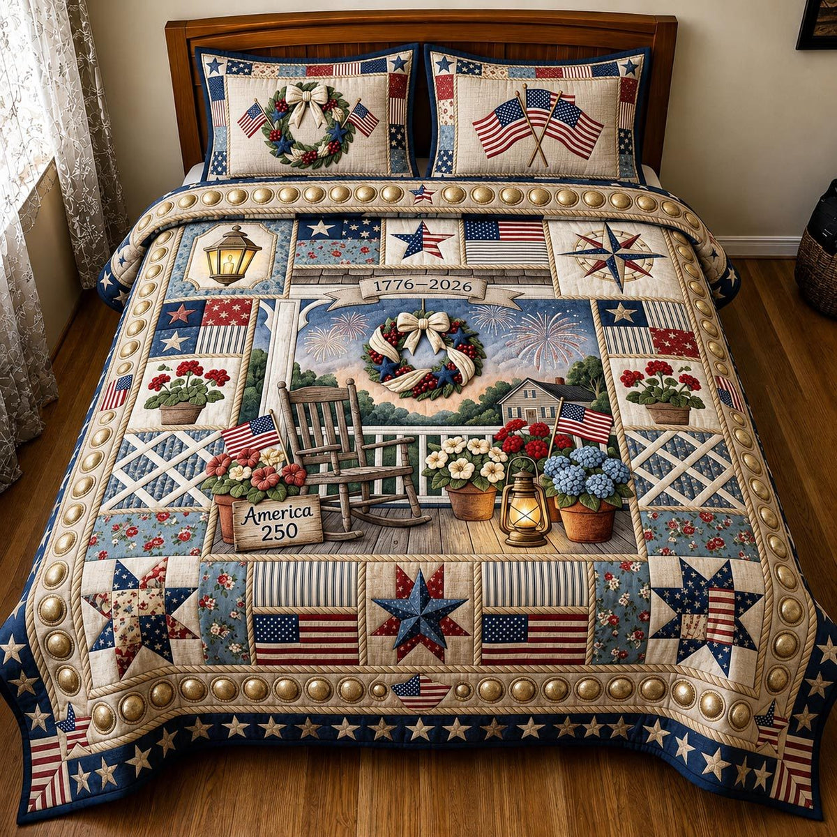 Heritage Patch quilted 3-piece bedding set on a made bed in a farmhouse bedroom