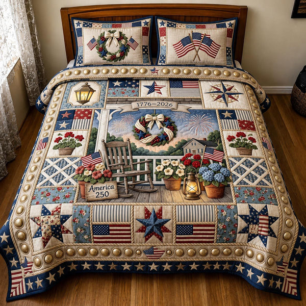 Heritage Patch quilted 3-piece bedding set on a made bed in a farmhouse bedroom