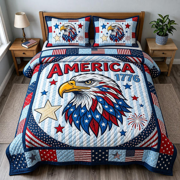 Heritage Patch quilted 3-piece bedding set on a made bed in a farmhouse bedroom