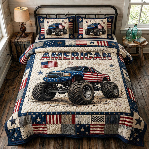 Heritage Patch quilted 3-piece bedding set on a made bed in a farmhouse bedroom