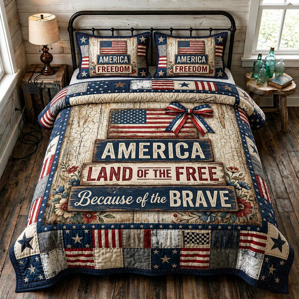 Heritage Patch quilted 3-piece bedding set on a made bed in a farmhouse bedroom