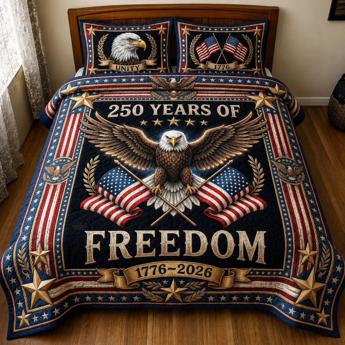 Heritage Patch quilted 3-piece bedding set on a made bed in a farmhouse bedroom