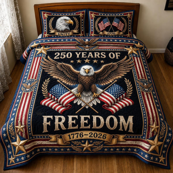Heritage Patch quilted 3-piece bedding set on a made bed in a farmhouse bedroom