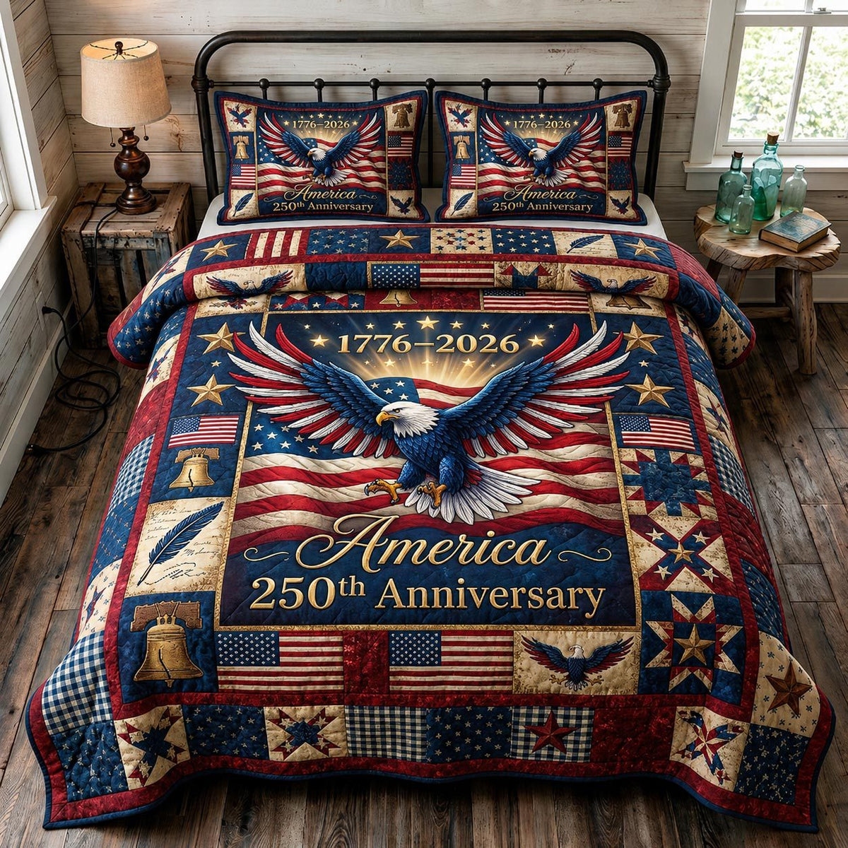 Heritage Patch quilted 3-piece bedding set on a made bed in a farmhouse bedroom