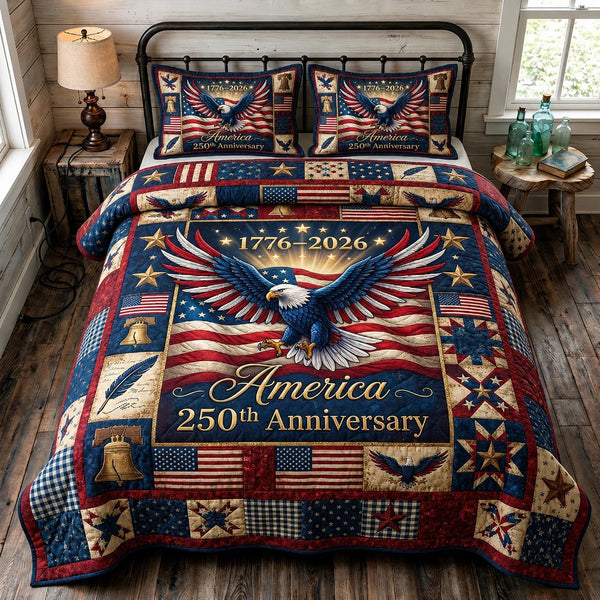 Heritage Patch quilted 3-piece bedding set on a made bed in a farmhouse bedroom