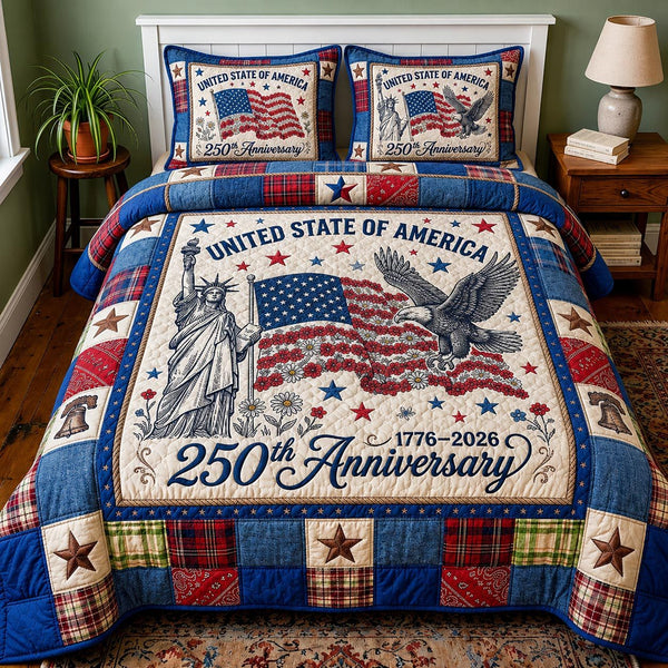 Heritage Patch quilted 3-piece bedding set on a made bed in a farmhouse bedroom