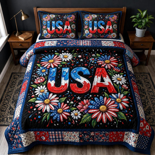 Heritage Patch quilted 3-piece bedding set on a made bed in a farmhouse bedroom