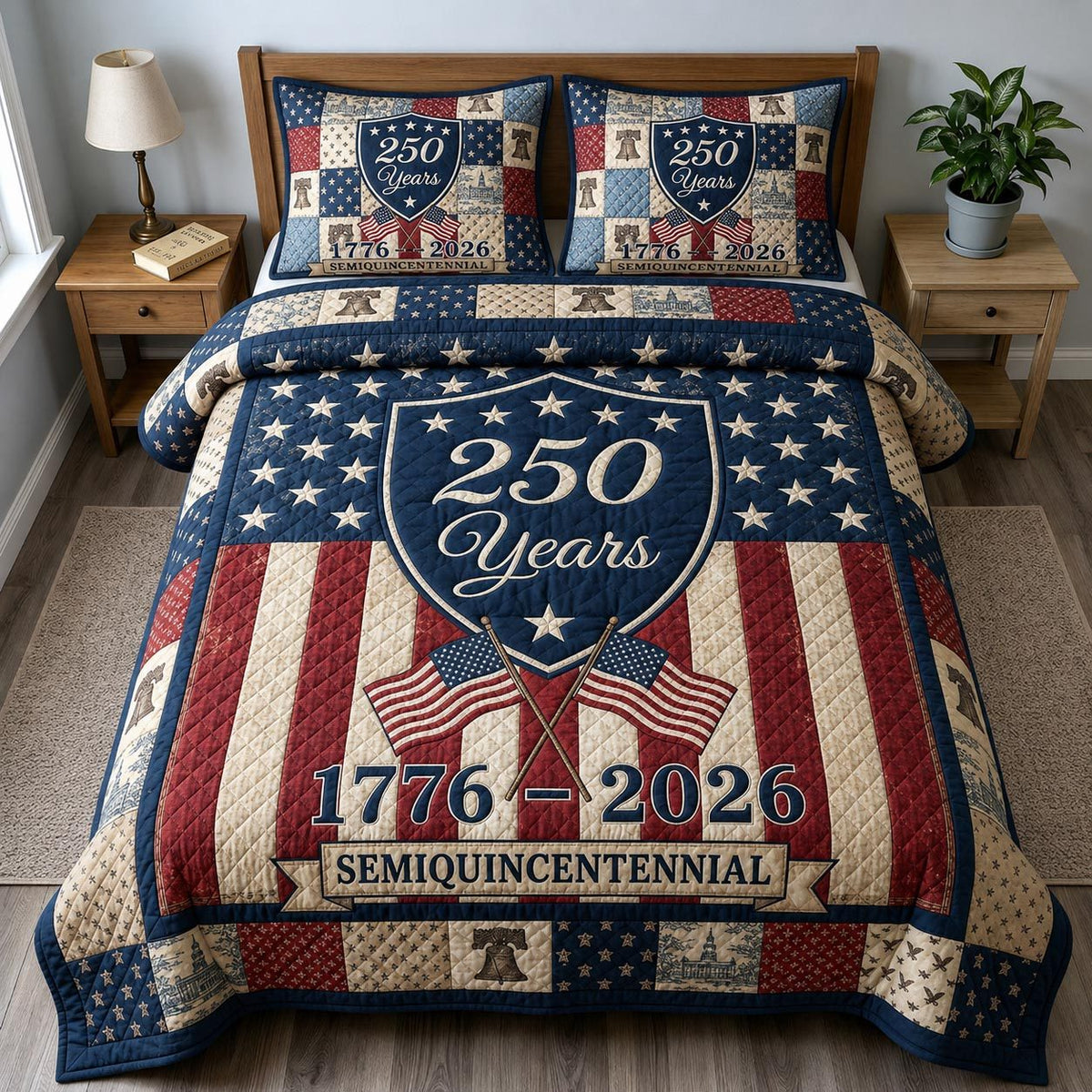 Heritage Patch quilted 3-piece bedding set on a made bed in a farmhouse bedroom
