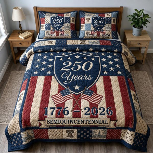 Heritage Patch quilted 3-piece bedding set on a made bed in a farmhouse bedroom